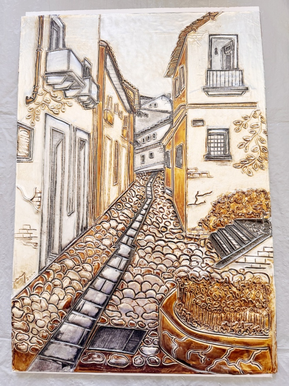 Vintage 3D Embossed Copper Foil Relief Art European Old Town Street 11x15.5 2000
